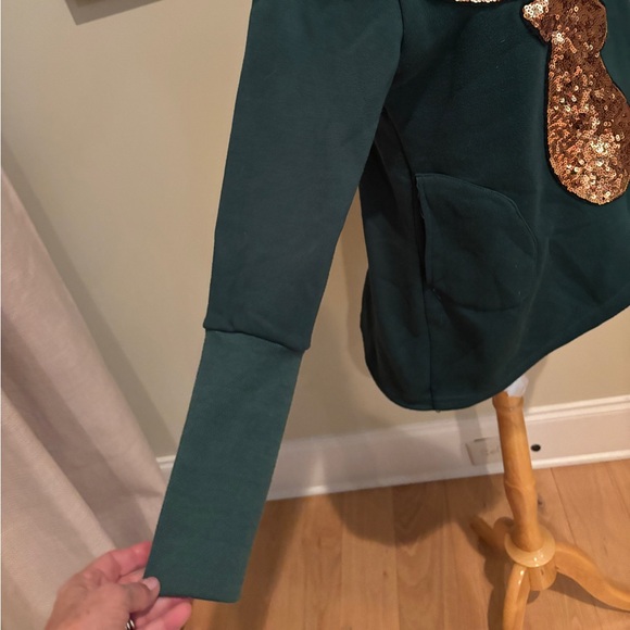 Cozy Asymmetrical Green Hoodie with Gold Sequin Reindeer - Picture 7 of 11
